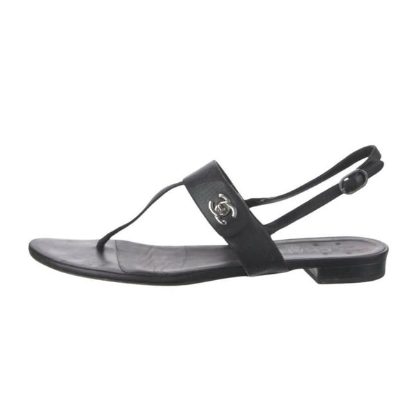 *Chanel Turnlock CC Patent Leather T-Strap Thong Slingback Flat Sandals, Size 38