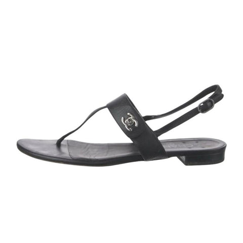 *Chanel Turnlock CC Patent Leather T-Strap Thong Slingback Flat Sandals, Size 38