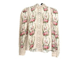 *LoveShackFancy Jacque Silk Floral Cotton Lace Long Sleeve Mock Neck Button-Back Blouse Top, Size L