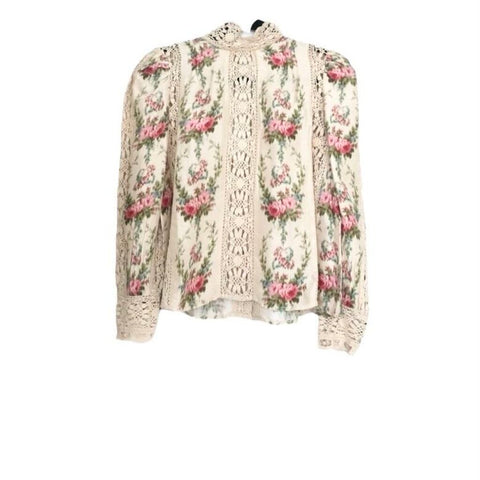 *LoveShackFancy Jacque Silk Floral Cotton Lace Long Sleeve Mock Neck Button-Back Blouse Top, Size L