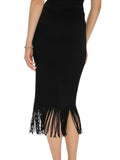 *White + Warren Black Viscose Ribbed Knit Fringe Hem Midi Skirt, Size S