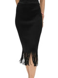 *White + Warren Black Viscose Ribbed Knit Fringe Hem Midi Skirt, Size S