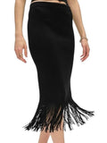 *White + Warren Black Viscose Ribbed Knit Fringe Hem Midi Skirt, Size S