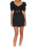 *NWT For Love and Lemons Danielle Short Puff Sleeve Portrait V-Neck Lace Trim Open Back Mini Dress, Size XS