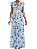 *Taj Rowan Floral Flutter Sleeee Deep Lace-Up V-neck Tie-Back Maxi Dress, Size S