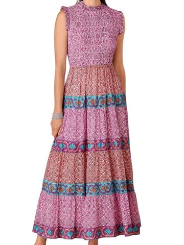 *Oliphant Cotton Blockprint Sleeveless High Neck Smocked Ruffle Trim Maxi Dress, Size M