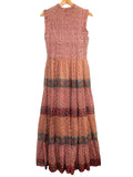 *Oliphant Cotton Blockprint Sleeveless High Neck Smocked Ruffle Trim Maxi Dress, Size M