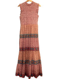 *Oliphant Cotton Blockprint Sleeveless High Neck Smocked Ruffle Trim Maxi Dress, Size M