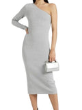 *Victoria Beckham VB Body Metallic Knit One-Shoulder Long Sleeve Body Con Midi Dress, Size 6
