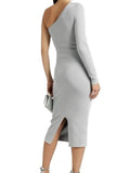 *Victoria Beckham VB Body Metallic Knit One-Shoulder Long Sleeve Body Con Midi Dress, Size 6