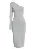 *Victoria Beckham VB Body Metallic Knit One-Shoulder Long Sleeve Body Con Midi Dress, Size 6
