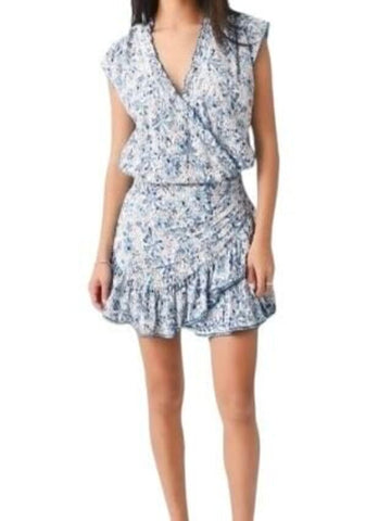 *Poupette St. Barth Estelle Floral Cap Sleeve V-Neck Surplice Ruffle Trim Mini Dress, Size XS