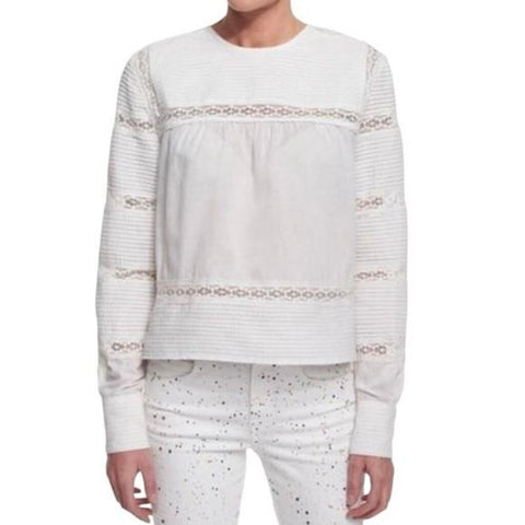 *Isabel Marant Etoile Rexton Cotton Pintuck Inset Łące Long Sleeve Crew Neck Top, Size FR 34=US 2