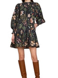 *Olivia James Lucy Botanical Floral Long Blouson Sleeve High Neck Smocked Tie Waist Mini Dress, Size XS
