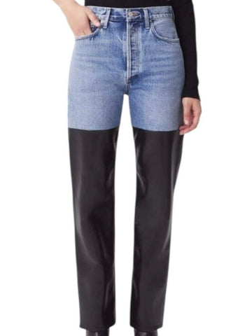 *AGOLDE 90's Pieced Pinch Waist Cotton & Recycled Leather High-Rise Ankle Jeans Pants, Size 26(2)