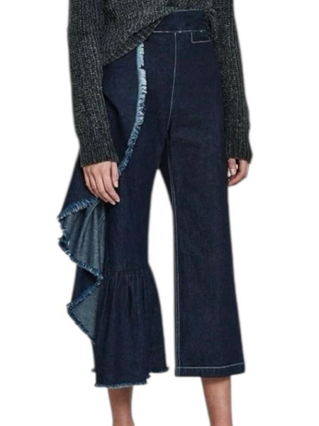 *Rachel Comey Revel Cotton Denim High Rise Wide Leg Asymmetrical Side Ruffle Cropped Pants, Size 2