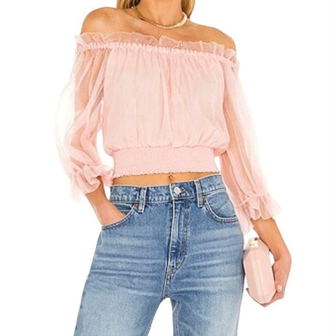 *Alice + Olivia Caprina Silk Georgette Off-the-Shoulder Long Sleeve Cropped Top, Size L