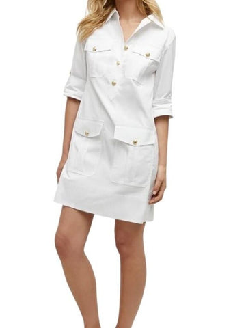 *Veronica Beard Saude Cotton Poplin Long Roll Sleeve Gold Button Popover Mini Shirt Dress, Size 0