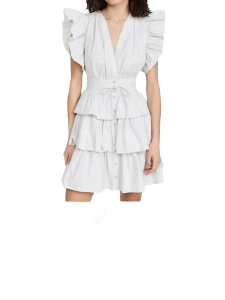 *Ulla Johnson Sena Cotton Poplin Flutter Sleeve V-Neck Tiered Mini Dress, Size 8