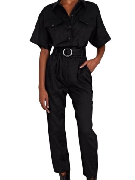*FRAME Arie Linen Blend Short Sleeve Button-Up Collared Belted Jumpsuit, Size S