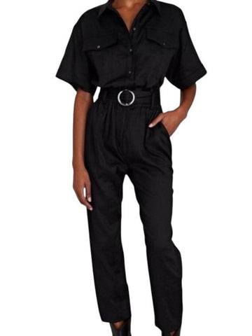 *FRAME Arie Linen Blend Short Sleeve Button-Up Collared Belted Jumpsuit, Size S