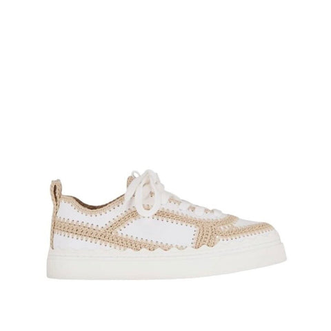 *NIB Chloe Lauren Leather Crochet Trim Lace-Up Low Top Sneakers w/Box, Size 40