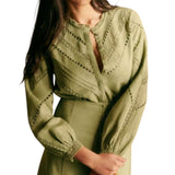 *Sezane Athenais Linen & Cotton Lace Inset Long Sleeve Button-Up Banded Collar Blouse Shirt Top, Size FR 34=US 2