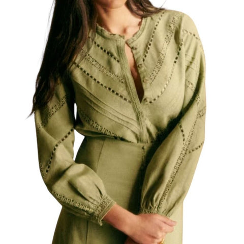 *Sezane Athenais Linen & Cotton Lace Inset Long Sleeve Button-Up Banded Collar Blouse Shirt Top, Size FR 34=US 2