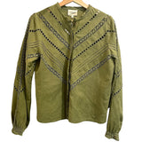 *Sezane Athenais Linen & Cotton Lace Inset Long Sleeve Button-Up Banded Collar Blouse Shirt Top, Size FR 34=US 2