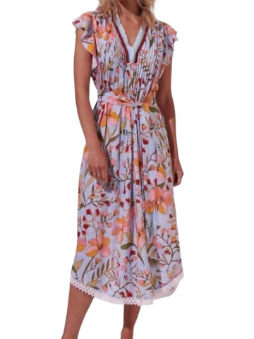 *Poupette St. Barth Sasha Floral Flutter Sleeve Fringed V-Neck Trapeze Self Belt Midi Dress, Size XS