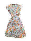 *Poupette St. Barth Sasha Floral Flutter Sleeve Fringed V-Neck Trapeze Self Belt Midi Dress, Size XS