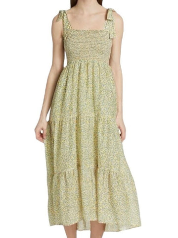 *XiRENA Lorraine Cotton & Silk Floral Tie Shoulder Strap Smocked Bodice Tiered Maxi Dress, Size L