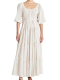 *Apiece Apart Tilton Lurex Stripe Elbow Sleeve Wide Neck Tiered Maxi Dress, Size M