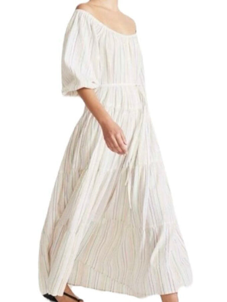 *Apiece Apart Tilton Lurex Stripe Elbow Sleeve Wide Neck Tiered Maxi Dress, Size M