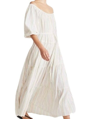 *Apiece Apart Tilton Lurex Stripe Elbow Sleeve Wide Neck Tiered Maxi Dress, Size M