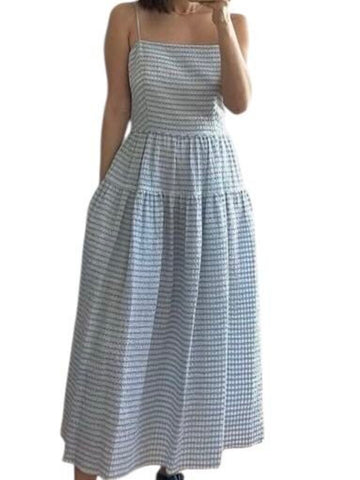 *Jeana Sohn Seersucker Gingham Cami Square Neck Tiered Midi Dress, Size M