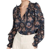 *Ulla Johnson Manet Textured Cotton Floral Ruffle Balloon Sleeve Tie Split Neck Top, Size 2