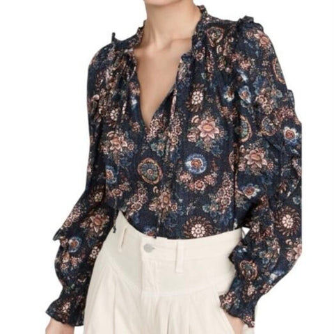*Ulla Johnson Manet Textured Cotton Floral Ruffle Balloon Sleeve Tie Split Neck Top, Size 2