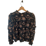 *Ulla Johnson Manet Textured Cotton Floral Ruffle Balloon Sleeve Tie Split Neck Top, Size 2