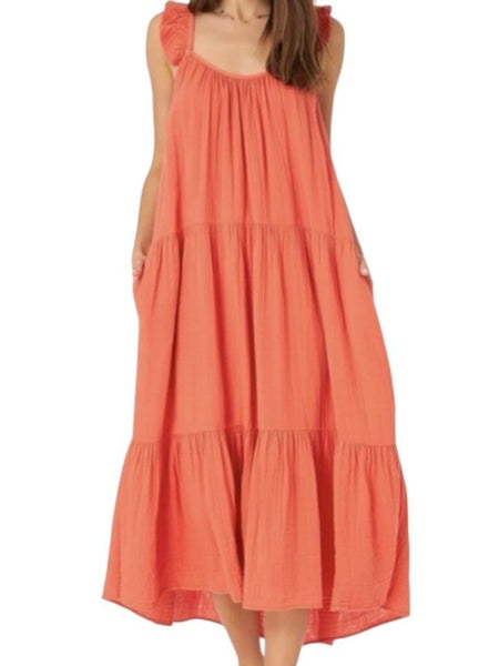 *XiRENA Rumer Cotton Gauze Sleeveless Ruffle Trim Scoop Tank Tiered Midi Dress, Size XS