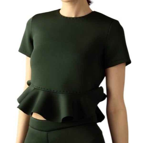 *Cynthia Rowley Astro Neoprene Scuba Short Sleeve Round Neck Peplum Cropped Top, Size XS