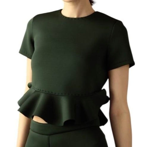 *Cynthia Rowley Astro Neoprene Scuba Short Sleeve Round Neck Peplum Cropped Top, Size XS