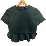 *Cynthia Rowley Astro Neoprene Scuba Short Sleeve Round Neck Peplum Cropped Top, Size XS