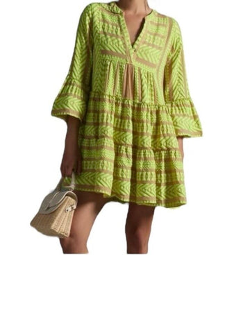 *Devotion Twins Ella Neon Embroidered Geometric 3/4 Sleeve Split Neck Tiered Mini Dress, Size M