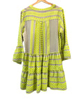 *Devotion Twins Ella Neon Embroidered Geometric 3/4 Sleeve Split Neck Tiered Mini Dress, Size M