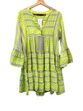 *Devotion Twins Ella Neon Embroidered Geometric 3/4 Sleeve Split Neck Tiered Mini Dress, Size M