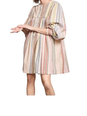 *Antik Batik Casey Cotton Gauze Stripe Long Sleeve Yoked Henley Dress, Size FR38=US6