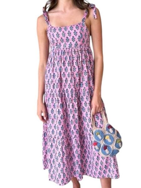 *India Collection by Emerson Fry Sara Cotton Blockprint Tie Shoulder Cami Tiered Midi Tent Dress, Size S