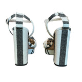 *Loeffler Randall Arbella Canvas Stripe Knot Vamp Ankle Strap 5" Heel Platform Sandals, Size 10