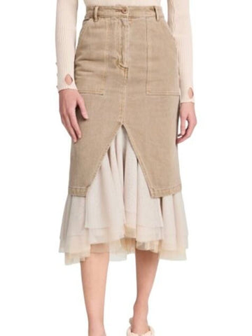 *Le Superbe Ms Benjamin Denim Zip Fly Utility Pocket Layered Tulle Flounce Midi Pencil Skirt, Size 4